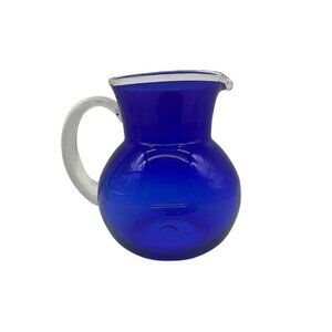 Handblown Vintage Pitcher Cobalt Blue and Clear Art Glass Quality Workmanship